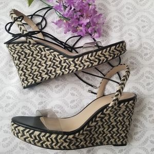 NEW Lace Up Black & Khaki Wedges Clear Toe sz 8.5